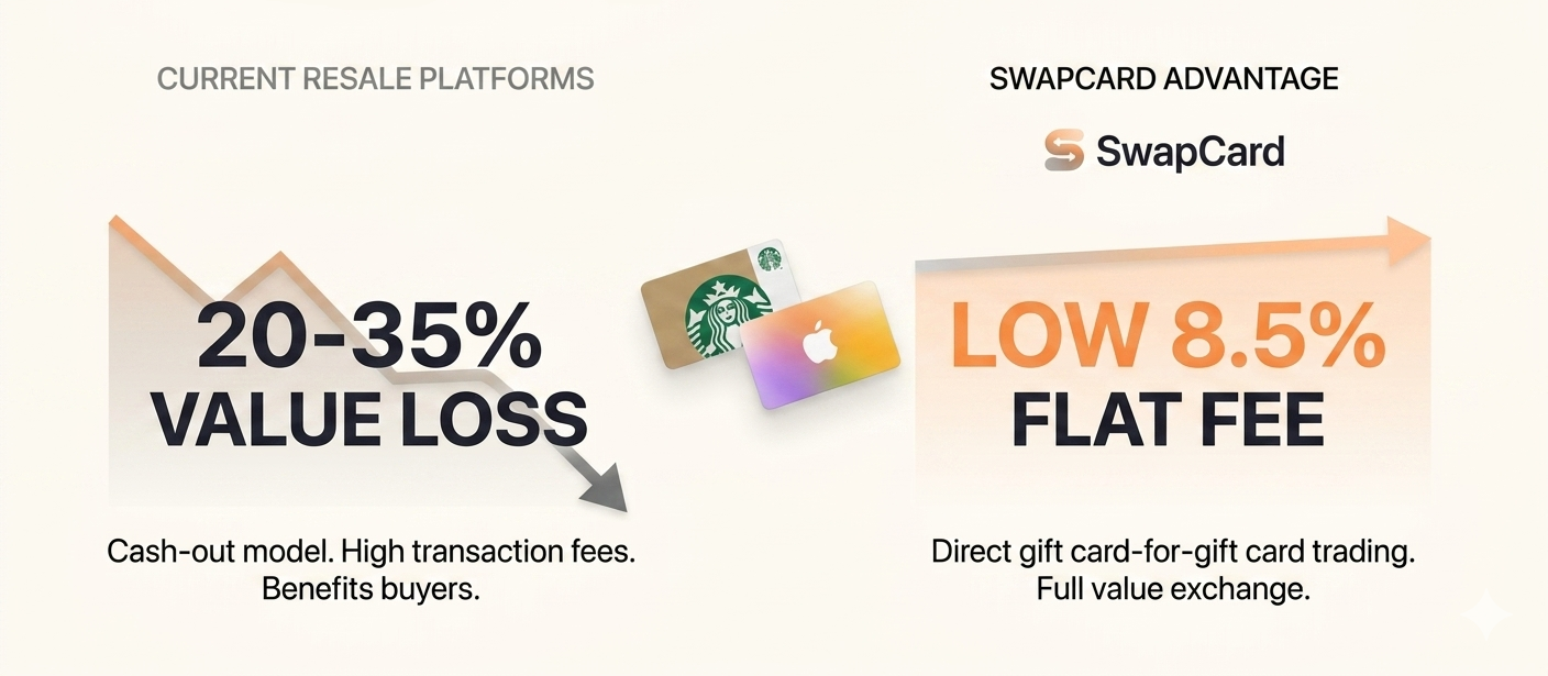 How We Compare - Current resale platforms charge 20-35% value loss while SwapCard offers a low 8.5% flat fee