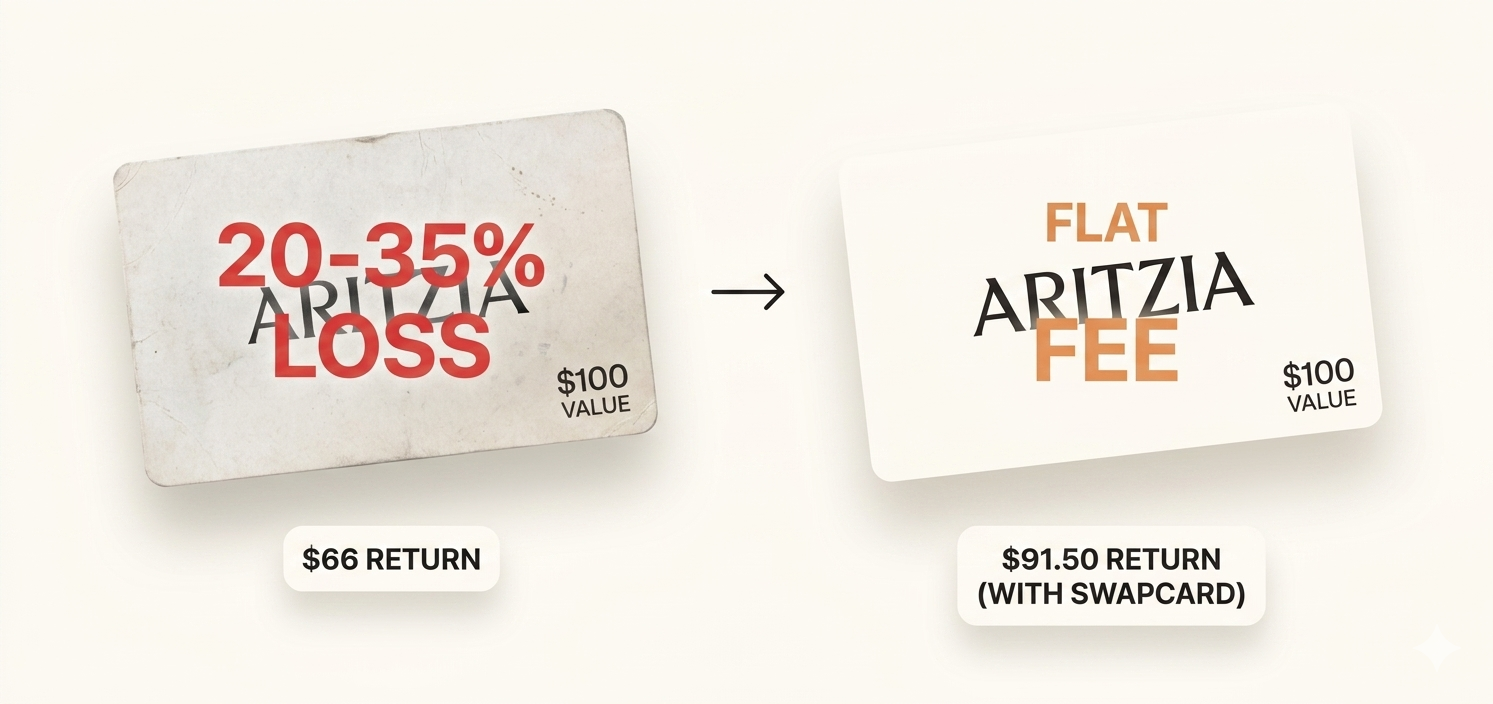 Aritzia gift card comparison - $66 return with 20-35% loss versus $91.50 return with SwapCard flat fee