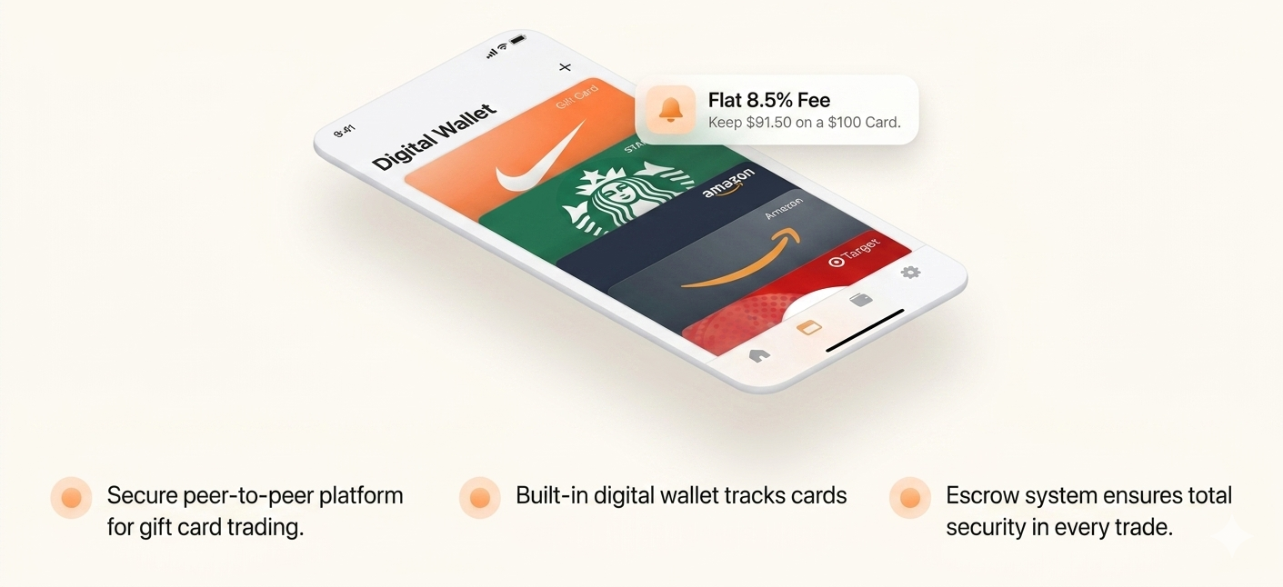 Our Solution - Digital wallet with flat 8.5% fee. Keep $91.50 on a $100 card. Secure peer-to-peer platform for gift card trading with built-in digital wallet and escrow system.